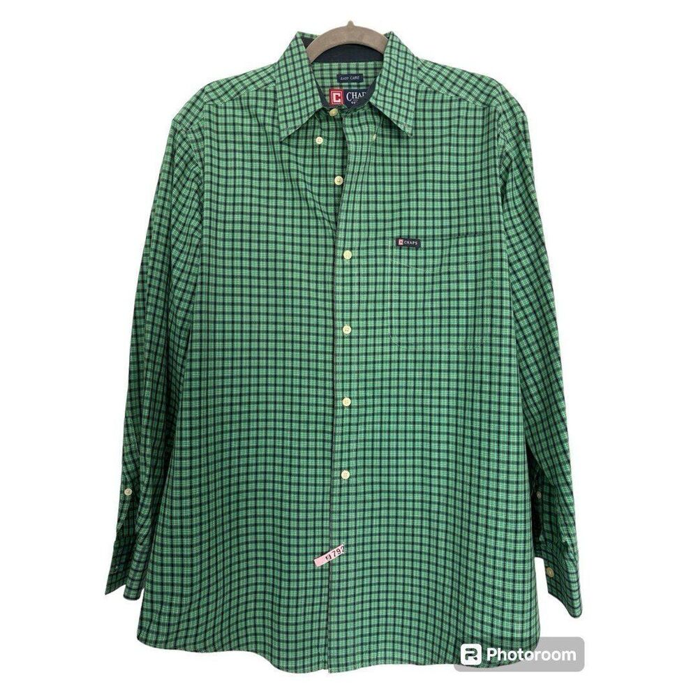 Chaps Men’s Long Sleeve Button Up Green Plaid Size Medium